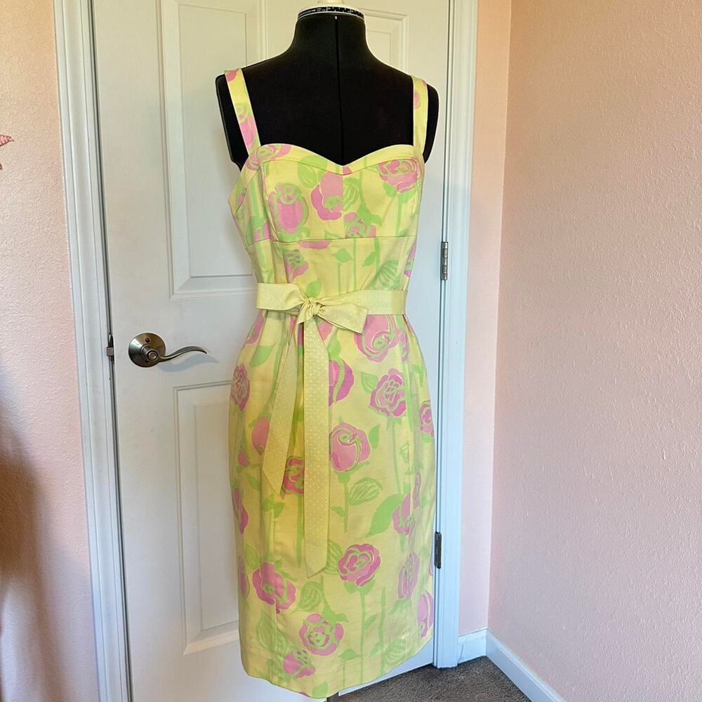 Lilly Pulitzer early 2000s yellow and pink floral print cotton dress bow preppy